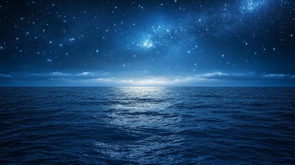Starry night sea, tranquil ocean, celestial view, nighttime landscape, for wallpaper or print