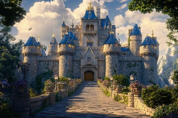Obraz premium Castle with brightly shining walls stands cheerfully against a backdrop of majestic mountains and clear blue skies