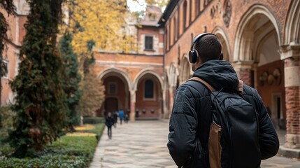 Young man listening to music and touring architectural courtyard during autumn