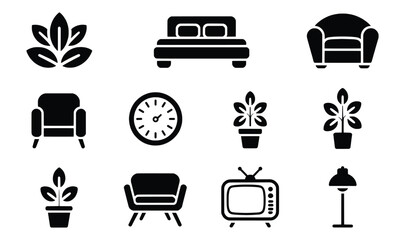 Home interior design elements icons set black and white