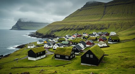 Photo of Picturesque Village with Green Roofs and Mountains in Faroe Islands