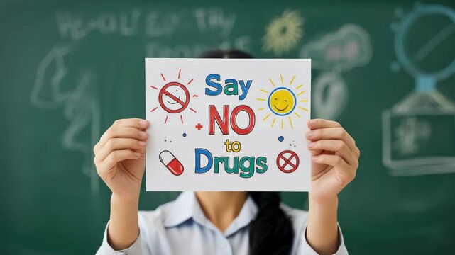 Person holding "Say NO to Drugs" sign in classroom setting