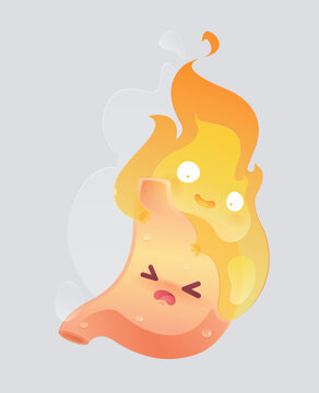 A cartoon stomach character with a fire character on it is used to show the symptom of acid reflux.
