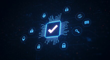 Electronic validation in a network, symbolized by a bright check mark on a circuit board, amidst security and identification icons.