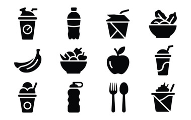 Healthy food and drink icons set black glyphs
