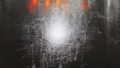  grunge scratched metal texture with burnt orange light reflections and white center glow for industrial web design or edgy print background