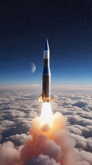 Sleek missile with a fiery tail soars through the night sky above the clouds