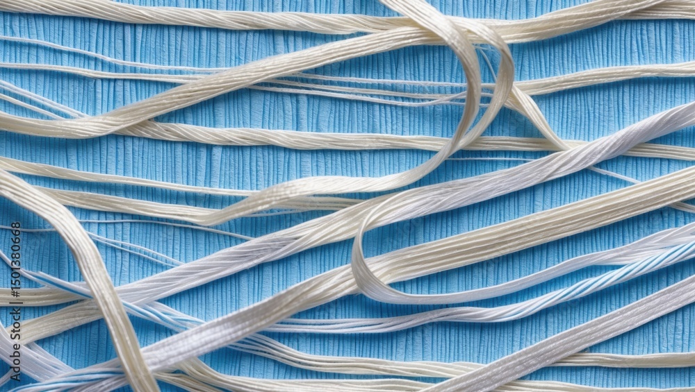 Poster an abstract arrangement of white threads on a turquoise textured background, showcasing delicate pat