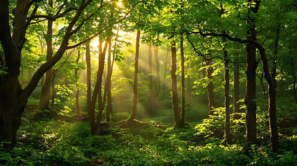 Obraz premium Sunlight streams through the trees in a lush green forest landscape scene view
