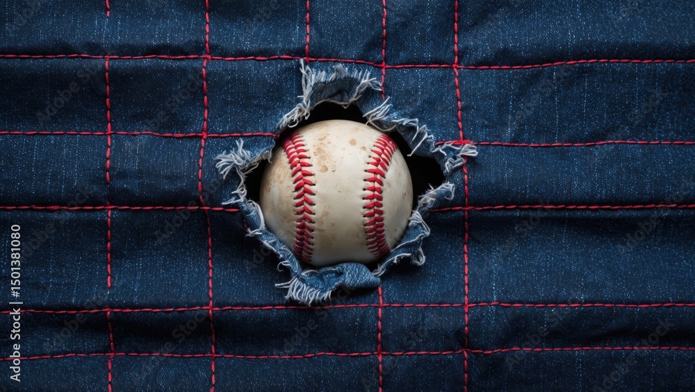 Aufkleber a baseball breaking through a dark fabric with grid pattern, creating a dramatic effect