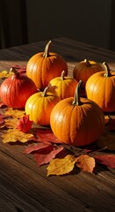 Photo of Pumpkins and Colorful Leaves on Wooden Table for Autumn Harvest