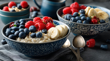 Healthy breakfast bowls set with oatmeal and different toppings - blueberries in blue ceramic dish, raspberries in pink container, sliced bananas in yellow vessel. Nutritious morning meal with fruits.