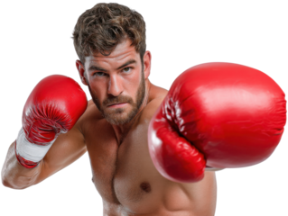Fighter Ready to Strike: A muscular man, donned in bright red boxing gloves, stands poised, ready to deliver a knockout punch.