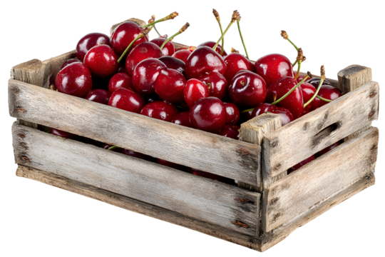 Fresh ripe cherries in wooden crate or box for sale at local farmers market on transparent background