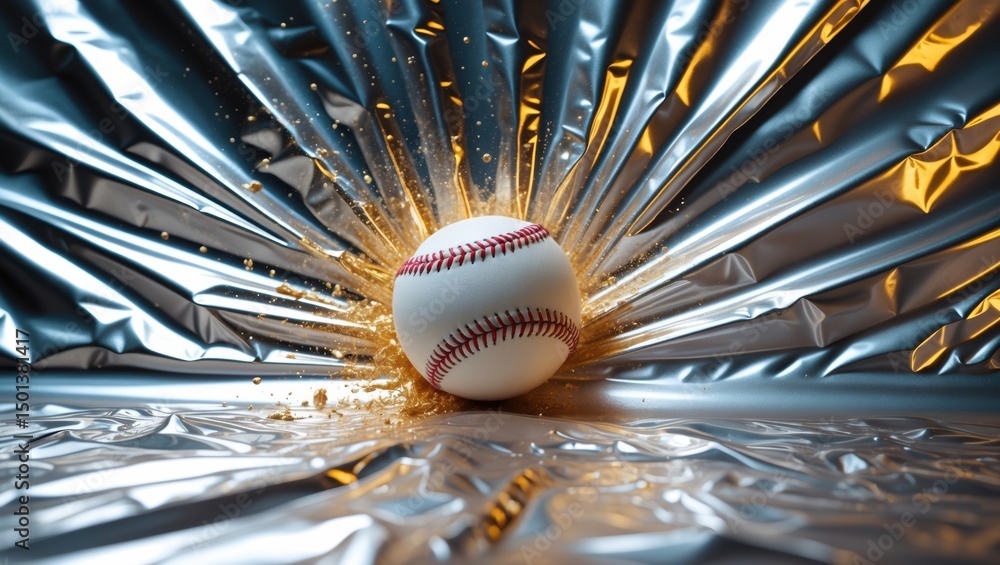 Poster a baseball bursting through shiny metallic foil, creating a dynamic splash effect with a vivid explo