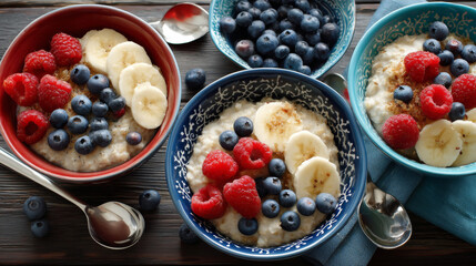 Healthy breakfast bowls set with oatmeal and different toppings - blueberries in blue ceramic dish, raspberries in pink container, sliced bananas in yellow vessel. Nutritious morning meal with fruits.