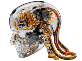 Technological Mind: An intricately designed translucent head reveals a complex network of internal components, circuits, and technological marvels, a testament to innovation.