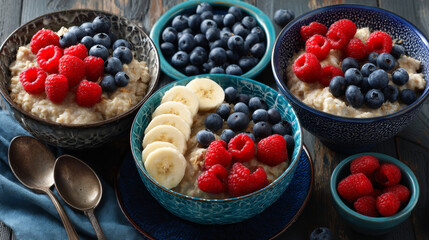 Healthy breakfast bowls set with oatmeal and different toppings - blueberries in blue ceramic dish, raspberries in pink container, sliced bananas in yellow vessel. Nutritious morning meal with fruits.