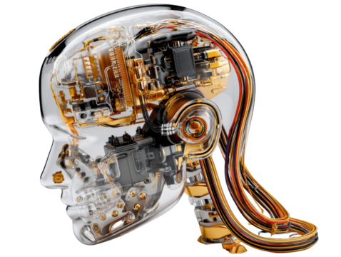 Technological Mind: An intricately designed translucent head reveals a complex network of internal components, circuits, and technological marvels, a testament to innovation.