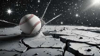 A baseball breaking through cracked ground against a cosmic backdrop filled with stars