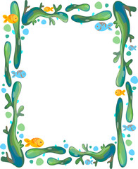 Vector frame with botanical elements and fish. Plants, algae, and abstract green lines on a separate background.