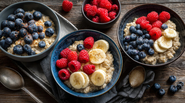 Healthy breakfast bowls set with oatmeal and different toppings - blueberries in blue ceramic dish, raspberries in pink container, sliced bananas in yellow vessel. Nutritious morning meal with fruits. - Powered by Adobe