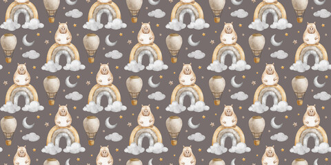 Seamless pattern of Capybara on rainbow among cloud, hot air balloon, crescent moon and star on dark background. Watercolor print of guinea pig for wallpaper, kids room, fabric, bed linen