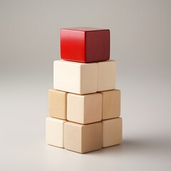 Obraz premium Stacked wooden cubes, light neutral backdrop, featuring one red cube balanced on top, construction concept, education concept, studio shot.
