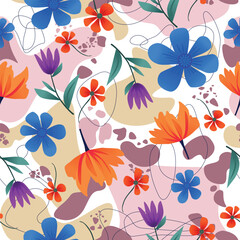 Bright seamless floral vector pattern with stylized flowers and leaves, spots, lines. Botanical spring, summer background for clothes. Modern, playful design for textile, wallpaper and decor.