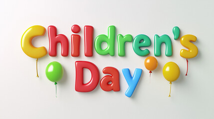 3D rendering of "Children's Day" in colorful playful letters with bold lines, surrounded by stars and confetti on a white background, expressing festive joy and celebration.