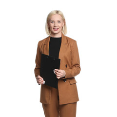Professional psychologist with clipboard on white background