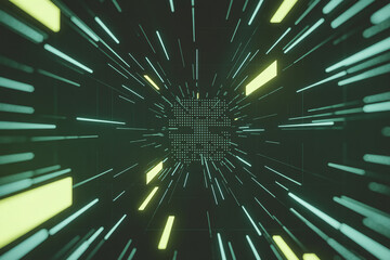 Futuristic hyperspace tunnel with glowing teal and pale yellow light streaks and symmetrical dark teal grid design

