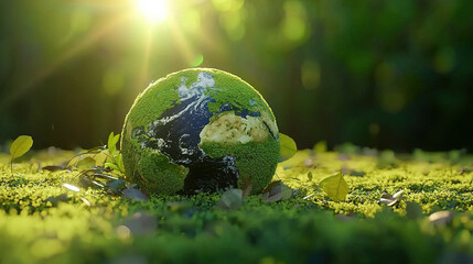 Moss and leaf-covered green planet Earth resting on grass, sunrays highlighting environmental awareness and global ecosystems, with colorful land and ocean textures symbolizing nature’s diversity.