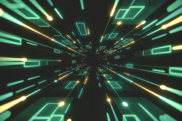 Futuristic hyperspace tunnel with glowing teal and pale yellow light streaks and symmetrical dark teal grid design

