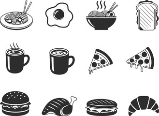 Set of icons of various food and drinks, tea, coffee, burger, pizza, croissant, sandwich, noodles, scrambled eggs, food icons in black color.