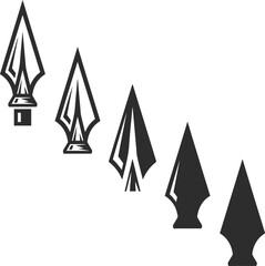 Set of spearhead, warrior spear in different variations, spearhead icons or warrior pikes in black.