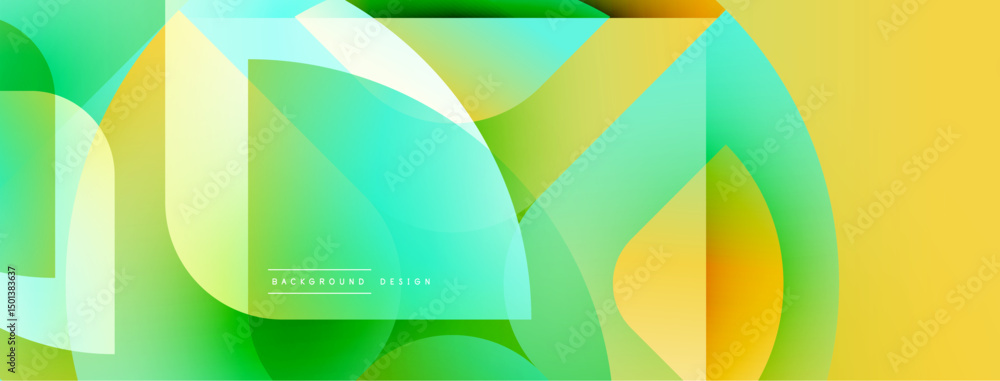 Poster abstract geometric shapes overlap, creating vibrant yellow, green gradients. modern design suggests 
