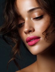 Fototapeta premium Studio beauty close-up of a curvy woman with vivid lipstick and eyeliner, against a dark backdrop