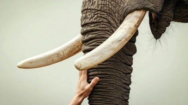 Close-up of elephant trunk and tusks being touched by human hand