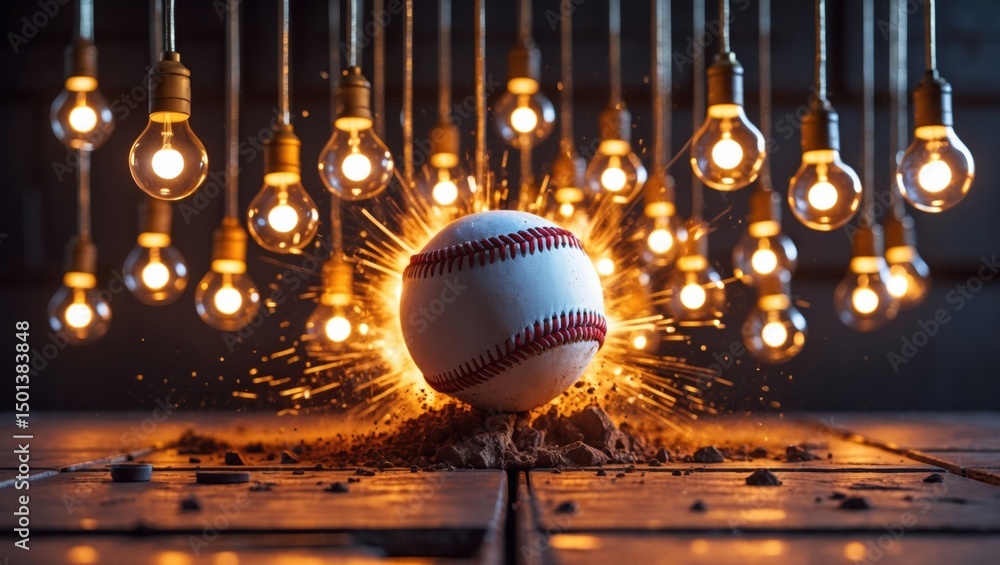 Aufkleber a baseball surrounded by exploding dirt and illuminated by glowing hanging light bulbs, creating a d