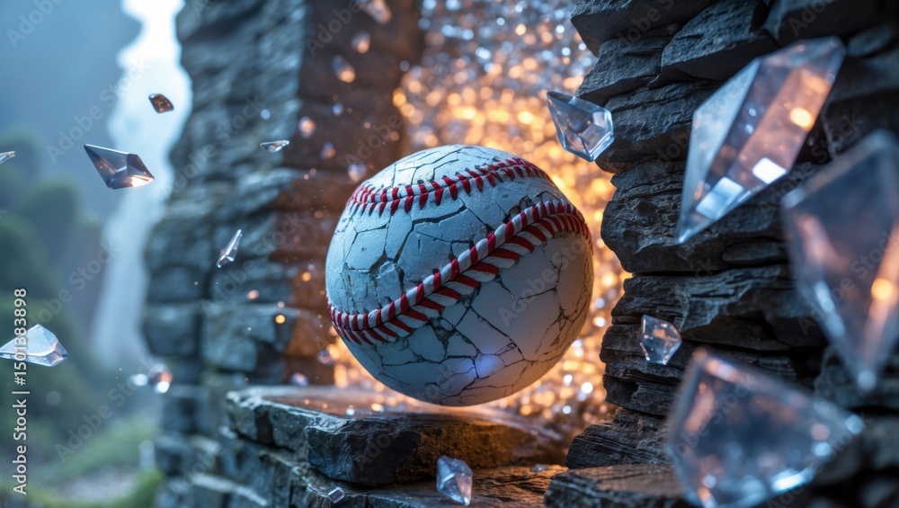 Poster a baseball suspended in motion with shards of crystal around it, creating a dynamic and energetic sc