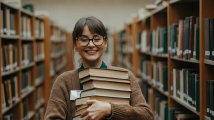 Young woman in library holding books, smiling - Powered by Adobe