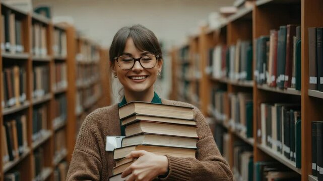 Young woman in library holding books, smiling