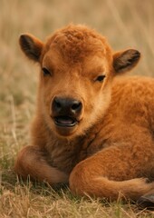 Fototapeta premium Adorable bison calf resting peacefully.