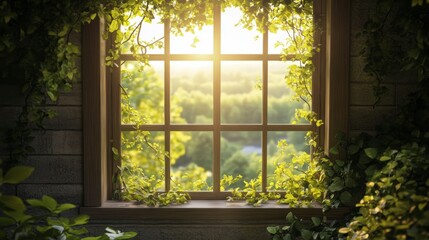 Sunlight streaming through window with greenery