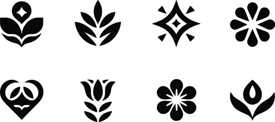 Eight black floral and geometric design elements