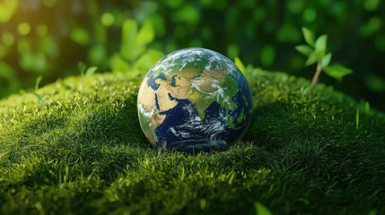 Moss and leaf-covered green planet Earth resting on grass, sunrays highlighting environmental awareness and global ecosystems, with colorful land and ocean textures symbolizing nature’s diversity.