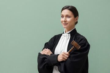 Judge with mallet on light green background, space for text
