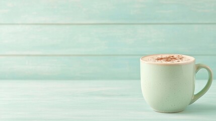 Aromatic Coffee in Mint Mug on Turquoise Wooden Background.  Perfect for cafe, breakfast, morning, cozy vibes.