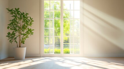 Sunlight streams into a bright, modern room with a large window overlooking a garden.  Possible use Interior design, real estate photography